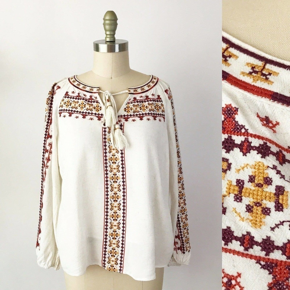 Skies Are Blue Peasant Blouse Cream Embroidered Tassel Boho Linen Blend 41776‎ M